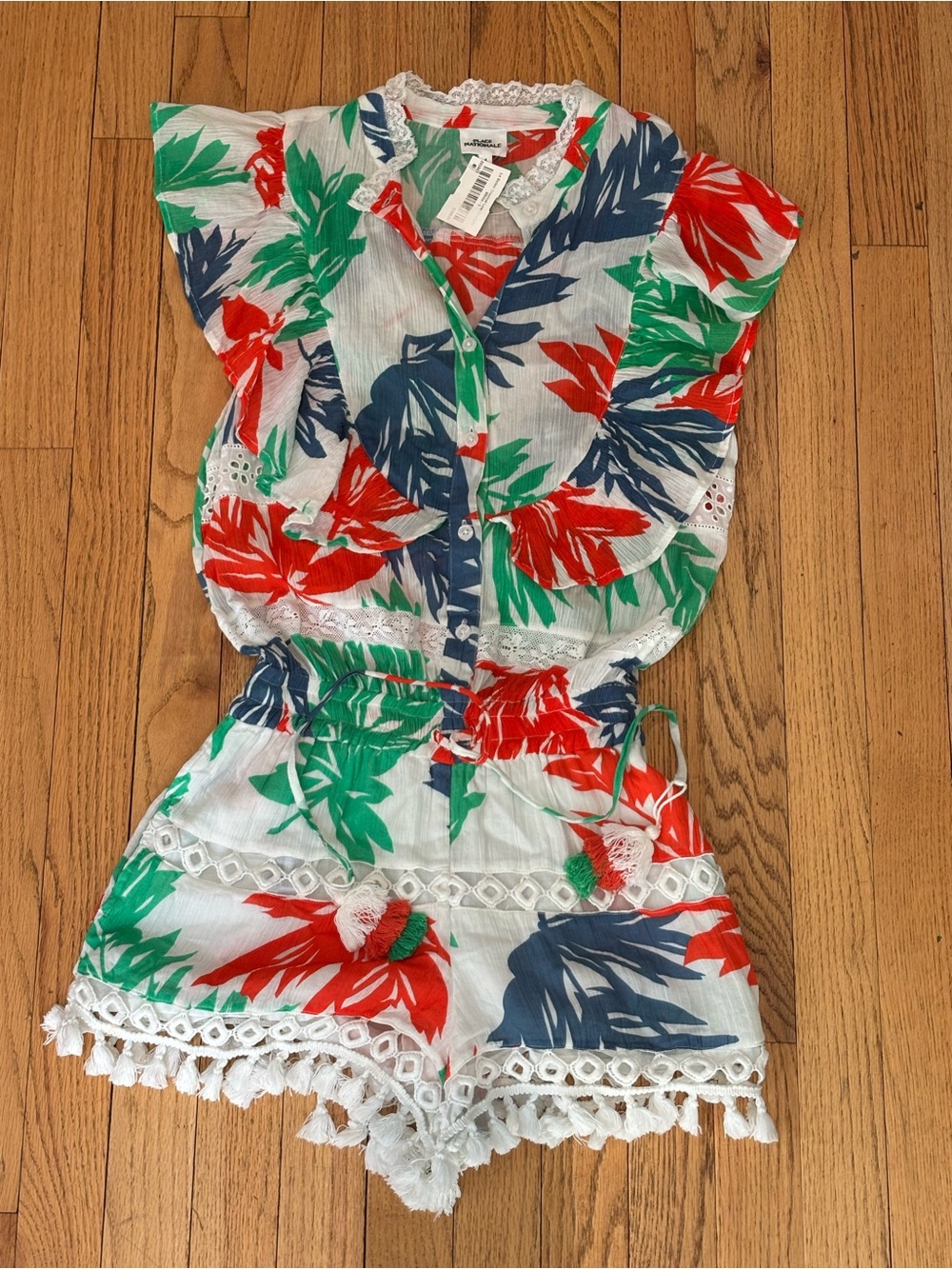 Place NATIONALE Le Belaire white tropical leaf print romper NWT S